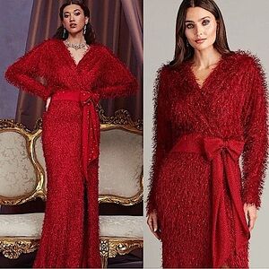 Tadashi Shoji Beta Red Eyelash Yarn Bow Floor Length Gown Like New